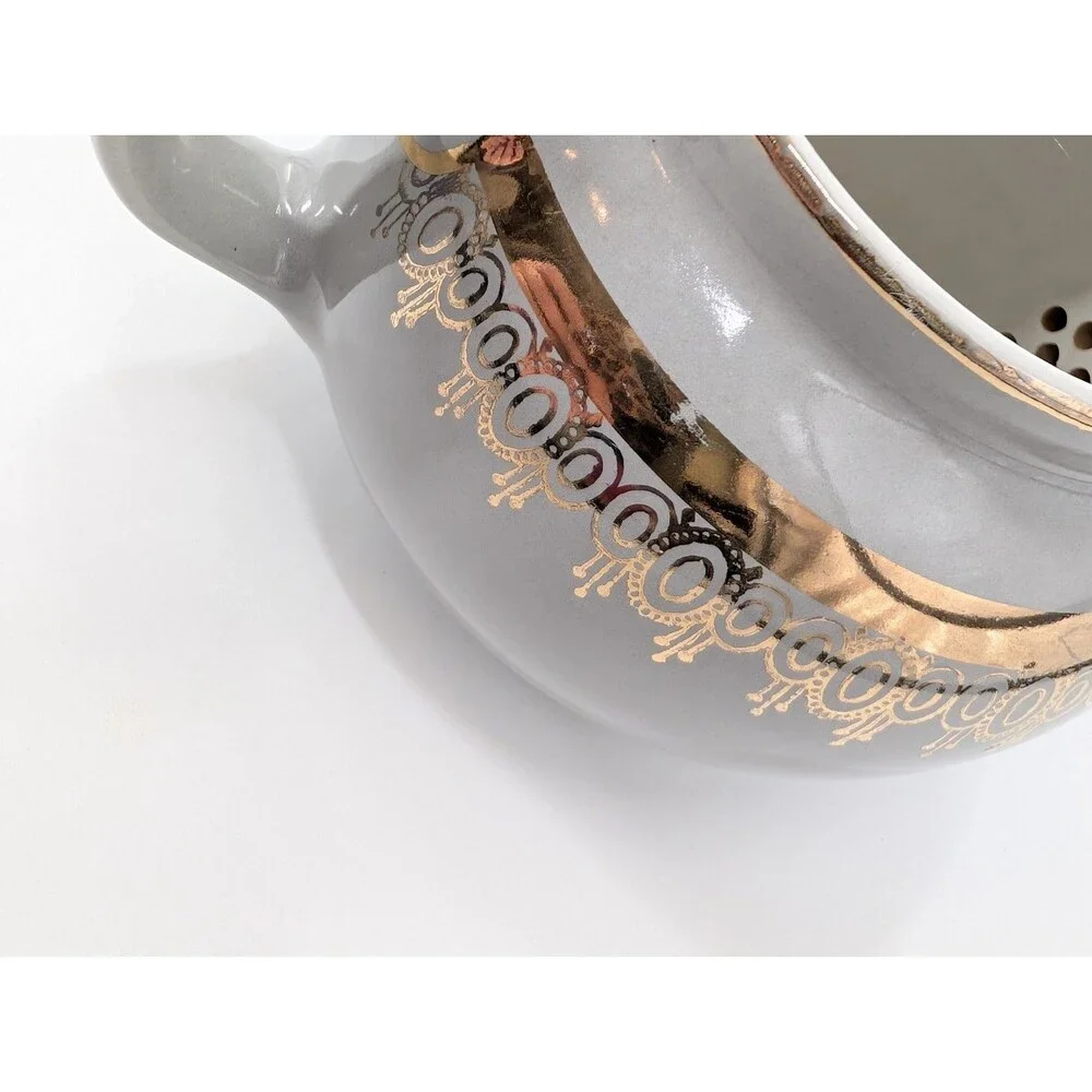 Hall Vintage Gray Metallic Gold Tea Pot 6 Cups Made in USA Art Deco Style